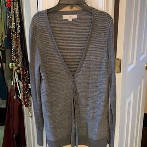LOFT Grey and silver long button up cardigan V neck